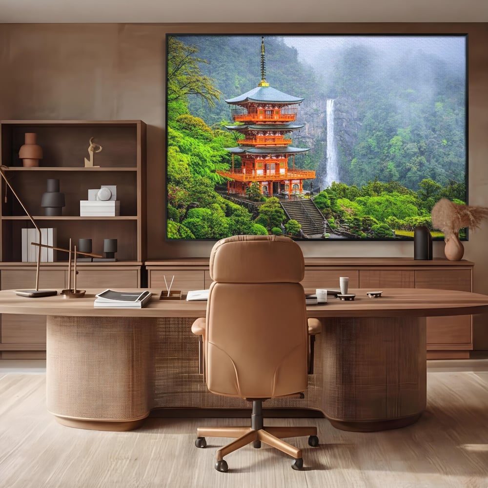 Tablou canvas cu tablou canvas cu pagoda si cascada, in rama de aluminiu negru, pe perete intr-un birou